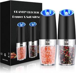 lot 2266 image: XinXu Gravity Electric Pepper and Salt Grinder Set, Adjustable Coarseness, Battery Powered with LED Light, One Hand Automatic Operation, Black -2 Pack