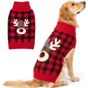 lot 2287 image: KYEESE Dog Christmas Sweater with Reindeer Pattern, Cozy Holiday Outfit, Red Buffalo Plaid Knitwear, Turtleneck Dog Sweater for Medium Dogs with Leash Hole, Soft Warm Pet Clothes, XX-Large