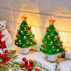 lot 2320 image: Brightown Ceramic Christmas Tree Night Light - 2 Pack 6 Christmas Decorative Ceramic Tree with ONOff Switch, Vintage Christmas Night Light for Bedroom Living Room Porch Holiday Decor