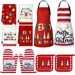 lot 2326 image: Geetery 10 Pcs Christmas Kitchen Towels Oven Mitt and Pot Holder Apron Set Tree Cotton Set Mitten Gloves Potholders Aprons Towels for Kitchen Cooking(Red Gold,Christmas)