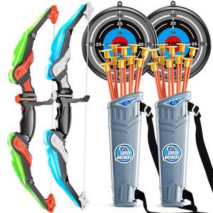 lot 2363 image: TEMI 2 Pack Set Kids Archery Bow Arrow Toy Set Outdoor Hunting Play with 2 Bow 20 Suction Cup Arrows 2 Target & 2 Quiver, LED Light Up Function Toy, Outdoor Toys for Kids, Boys & Girls Ages 3-12