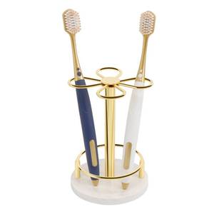 lot 2375 image: HarJue Toothbrush Holder Stand for Bathroom, Metal Toothbrush Organizer with Marble Base, Toothbrush Storage Collection for Family, Suitable for Home Hotel Countertop Vanity (Small, Gold) MISSING HARDWARE