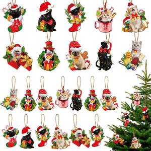 lot 2395 image: Spiareal 40 Pcs Christmas Cat Ornament Set Xmas Decor Tree Hanging Cat Wooden Holiday Decoration Ornaments for Christmas Tree Outdoor Hanging(Real)