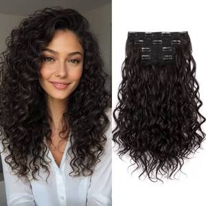 lot 2402 image: LEEONS Curly Clip in Hair Extensions, 4PCS 16 inch CurlyWavy Hair Extensions Clip ins - Lace Weft Soft Natural Hairpieces for Women (Brown Black)