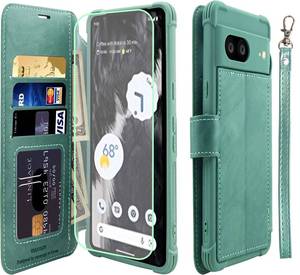 lot 2409 image: VANAVAGY Wallet Case for Google Pixel 7 5G Case with RFID Blocking Card Holder, PU Leather Flip Phone Cover with Strap for Wireless Charging with Screen Protector for Women Men,Forest Green