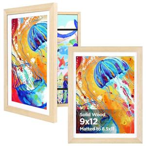 lot 2820 image: KINLINK 9x12 Kids Art Frame Set of 2, Solid Wood Kids Artwork Frames Changeable with Front Opening Hold 150 Pictures, Art Frames for Kids Art with Mat without Mat 9x12 Picture Frame Natural