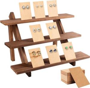 lot 2826 image: ZYP 51pcs 3-Tier Wood Earring Display Stand, Retail Jewelry Card Stand with Groove  50 Cards Portable Ring Organizer Holder Showcase Racks for Business Home Using