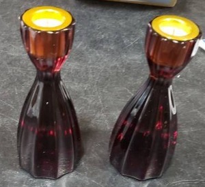 lot 2842 image: Purple Glass Candle Holders Set of 2