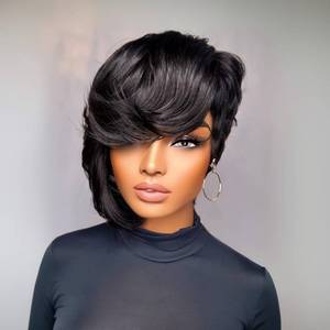 lot 2877 image: SisBroSis Short Pixie Cut Wig Human Hair Glueless Wigs for Black Women Side Part Natural Black Color Pixie Cut Straight Human Hair Wig with Bangs Short Layered Pixie Wigs Full Machine Made Wigs