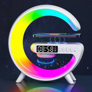 lot 2885 image: Bluetooth Speaker Wireless Phone Charger Station, G Shaped Music Lit Lamp, Colorful Atmosphere Light Wireless Charging And Alarm Clock, RGB Night Light for Bedroom, Office, Home Decor (White)