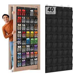 lot 2888 image: Hualleko Over the Door Shoe Organizer,40-Pocket Hanging Shoe Rack for Closet Door,Shoes Storage Holder Hanger with Large Mesh Pocket for Women Men Shoes,Flip Flops(Black)