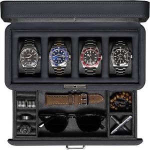 lot 2893 image: ROTHWELL 4 Slot Leather Watch Box with Valet Drawer - Luxury Case Display Jewelry Organizer, Locking Display Case Holder with Real Glass Top - Watch Box Organizer for Men & Women (Carbon)