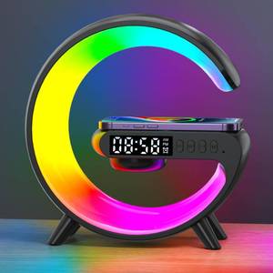 lot 2900 image: XCDIFA Mini LED Table Lamp with 4-in-1 Wireless Charger, Night Light, Sunrise Alarm Clock, Bluetooth Speaker, Smart Atmosphere Table Lamp for Bedroom, Office, Home Decor (Black)