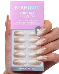 lot 2912 image: BTArtbox Press On Nails Almond - Champagne Frost, Medium Sparkle Press On Nails with Glue and Adhesive Tabs for Women in 15 Sizes - 30 Soft Gel Glue On Nails Kit