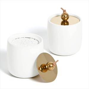 lot 2952 image: 2 Pack Ceramic Qtip Holder Dispenser with Gold Lids, White Apothecary Jars Bathroom Vanity Organizer for Home Decor - Bathroom Canister for Cotton Swabs, Rounds, Balls, Makeup Sponges, Bath Salts