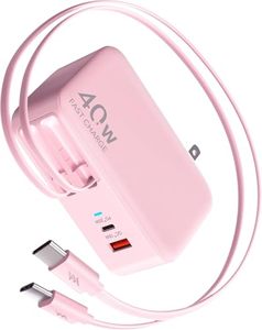 lot 2974 image: Retractable Wall Charger,35W PD Fast USB Charger Block with Retractable Lightening Cables for iPhone,Portable Adapter with Foldable Plug for iPhone141312,iPad,Air-Pods(Pink)