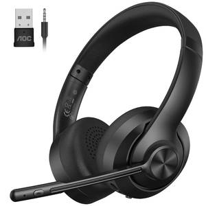 lot 2975 image: AOC Wireless Headset with Mic for Work, Bluetooth 5.4 Headphones with Noise Canceling Microphone, USB C, 30H, Clear Calls & Mic Mute for PC, Laptop, Cell Phones, Zoom - Black