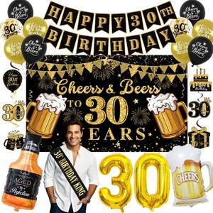 lot 3039 image: Vlipoeasn 30th Birthday Decorations for Him, Cheers and Beers to 30 Years Decorations for Men, Happy 30th Birthday Decor Kit with Backdrop Banner, King Sash