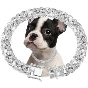 lot 3049 image: Silver Dog Chain Collar Diamond Cuban Link Dog Collar 13mm Wide Dog Necklace Metal Cat Chain Pet Crystal Collar Jewelry Accessories for Small Medium Large Dogs Cats(10inch)