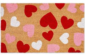 lot 3057 image: Valentines Day Natural Coir Door Mat Romantic Red Pink White Heart Pattern Welcome Mat Non-Slip Entrance Door Rugs for Indoor Outdoor Home Bathroom Decor, 16.5 x 29 Inch