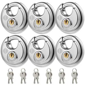 lot 3063 image: HOX Keyed Disc Padlock, Stainless Steel Keyed-Alike Padlocks, 6-Pack Heavy Duty Locks, Waterproof Outdoors Lock with 38 Inch Shackle, 2-34 Inch Wide Body, for Hasp Latch, Fences, Storage Locker