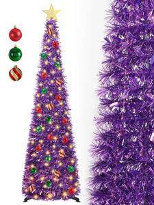 lot 3126 image: SINTENILL 5 FT Pop Up Christmas Tree with Timer Lights and Decorations, Purple Tinsel Artificial Christmas Tree with 24 Balls Ornaments, Collapsible Pencil Tree for Xmas Home Office Party Decor