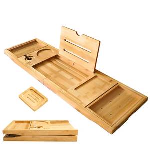 lot 3136 image: XcE Foldable Bamboo Bathtub Caddy Tray - Expandable to 41 Inches with Non-Slip Pads & Book Stand for Couples Luxury Bath