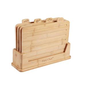 lot 3160 image: Fiery Chef 14.56L x 11W Bamboo Cutting Board Set of 4 - Wood Cutting Board Set with Holder, Chopping Boards Set with Food Icons, Juice Groove - Ideal for Meat, Fish, Bread, Vegetable, Fruit Chopping