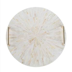 lot 3162 image: PEMAR Mother of Pearl Decorative Tray, 13 Round Display & Serving Tray with Gold Handles, VanityPerfumeTrinket Catchall for Dresser, Bathroom, Vanity Table (White Cream Sunlight Starburst Pattern)
