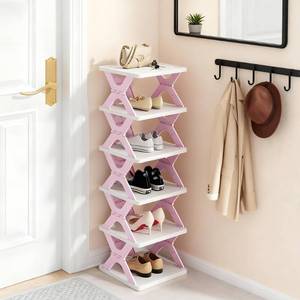 lot 3165 image: RILUKICH Shoe Rack, Collapsible Kids Shoe Rack, 6-Tier Small Foldable Shoe Organizer for Entryway, Dorm, Bedroom (Pink-x)