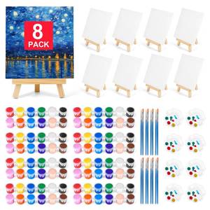 lot 3525 image: 8 Pack 8  10In Canvas Boards for Painting, Art Canvas for Drawing with 16 Brushes & 8 Paint Trays & 16 Acrylic Paint, Mini Painting Canvas with Easel Set, Painting Kits for Adults Party