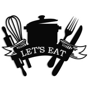 lot 3527 image: XORT Kitchen Metal Sign, Metal Kitchen Wall Art, Lets Eat Sign for Home Kitchen Dining Living Room Hanging Plaque Decoration. (Black - 14 x 10 inch)