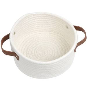 lot 3569 image: Small Woven Basket, Cute Mini Cotton Rope Storage Basket with leather handle, Tiny Decorative Round Storage Bin, Boho Empty Gift Baskets for Organizing, Toy Organizer for Nursery (Narrow handle)
