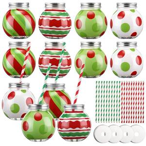 lot 3583 image: Baderke 12 Pcs 10oz Christmas Ornament Cups with Lid and Straw Holiday Ball Plastic Bulb Cups Xmas Designs Reusable Plastic Fish Bowls for Drinks Christmas Party Supplies(Green,Polka Dots and Stripes)