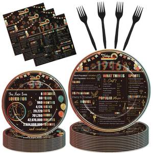 lot 3601 image: Hokinaa Vintage 80th Birthday Decorations - 96 Pcs Retro Sunset Party Paper Plates and Napkins Forks Tableware Disposable Happy Cheers to 80 Year Old 1946 Decor Supplies for Men Women Serves 24 Guests