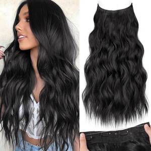 lot 3607 image: KooKaStyle Invisible Wire Hair Extensions with Transparent Headband Adjustable Secure Clips Black Long Wavy Synthetic Hairpiece for Women