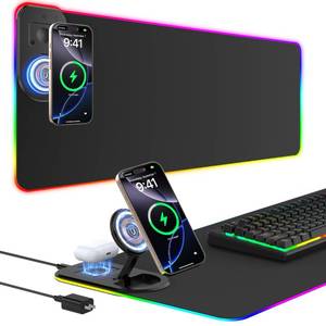 lot 3613 image: RGB Gaming Mouse Pad Wireless Charging Desk Mat with Foldable Phone Stand, Large LED Gaming Mat 800x350x4mm, 15 Light Modes, Waterproof, Keyboard Pad for PC Computer, Includes 20W PD Power Adapter