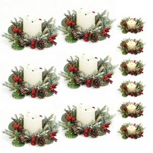 lot 3619 image: 6Pcs Christmas Candle Rings Wreaths, Small Christmas Wreath with Glasses and Plastic Candles with Snowy Pinecone&Red Berry, Mini Candle Holders for Table Centerpiece (6, Red2)