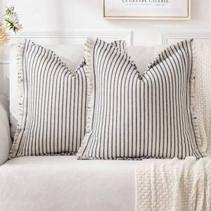 lot 3635 image: MIULEE Pack of 2 Navy Blue Pillow Covers 18x18 Inch Striped Farmhouse Couch Throw Pillow Covers with Fringe Chic Linen Decorative Cushion Covers for Sofa Living Room Bed Outdoor Home Decor
