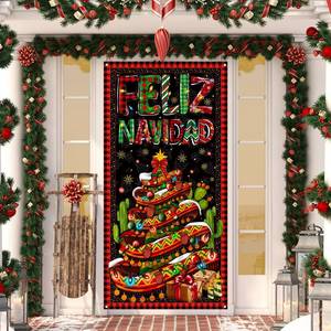 lot 3637 image: Feliz Navidad Door Cover,Christmas Tree Photo Backdrop,Mexican Christmas Winter Xmas Holiday Decorations and Supplies for Home Party Decor-71x36