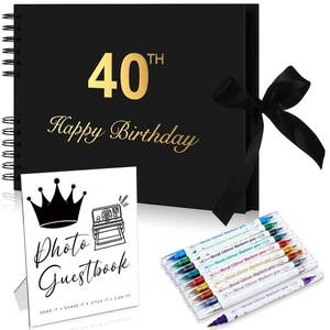lot 3643 image: AmazingSpark Birthday Guest Book Set Memory Photo Guest Book Black Gold Decoration Birthday Gift for Men Women Wood Signature Photoprop Party Supply Sign Picture Album for Party Event(40th)