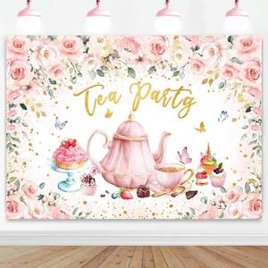 lot 3697 image: Mocsicka Tea Party Backdrop 7x5ft Lets Partea Wonderland Pink Floral Birthday Baby Shower Photo Backdrops Bridal Shower Banner Wedding Party Decorations Baby Shower Supplies