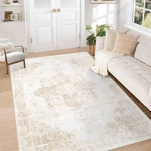 lot 3743 image: Area Rug 5x7 Washable Rug, Vintage Boho Medallion Rugs Non-Slip Soft Low Pile Large Distressed Rug Indoor Retro Carpet for Living Room Bedroom Dining Room Home Office (Beige, 5x7)