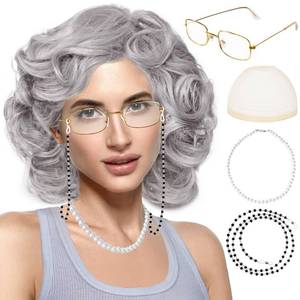 lot 3764 image: Rrshnsgv 5 Pcs Old Lady Wig and Accessories,Grey Grandma Wigs,Old Lady Wig Costume Set for Halloween Party,Old Woman Cosplay