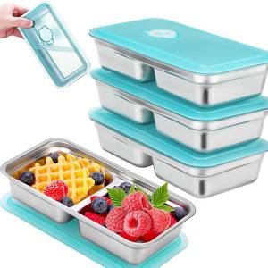 lot 3773 image: WandaQueen 4 Pack Stainless Steel Snack Containers Reusable with Lid, Grab and Go 2 Compartment Snack Food Storage Containers for School Travel and Outdoor Camping Dishwasher Safe