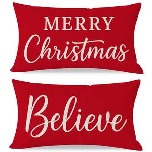lot 3778 image: PANDICORN Christmas Pillow Covers 12x20 Set of 2, Merry Christmas Believe Red Throw Pillow Cases, Outdoor Xmas Farmhouse Decorations Holiday Lumbar Decorative Cushion Cases for Sofa Couch Decor