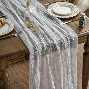 lot 3844 image: Artoid Mode White Silver Gauze Table Runner 120 Inch 10FT, Glitter Metallic Foil Sheer Dining Holiday Wedding Anniversary Birthday Table Decor for Home Party