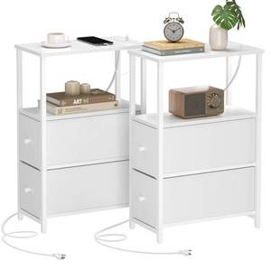 lot 3865 image: TUTOTAK Small Narrow End Table with Charging Station, Set of 2, Side Table with Outlets, Nightstand with 2 Cloth Drawers, Couch Table, for Living Room, Bedroom, Bedside, White TB01BW055 ONE BOARD DAMAGED