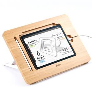 lot 3872 image: ELETIUO Upgraded Bamboo Wooden Drawing Ipad Holder with Pencil&Charger Cable Slot, Multi-Angle Adjustable Tablet Desktop,Foldable Portable Stand,Compatible with 12.9 inch ipad pro 3rd4th 5th Gen
