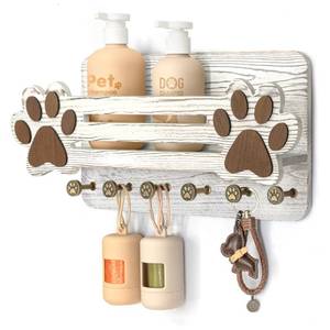 lot 3875 image: MTERSN Farmhouse Dog Leash Holder for Wall - Cute Dog Accessories Storage Organizer with Floating Shelf and 6 Key Hooks Key Holder Wall Mount for Rustic Home Decor (White)